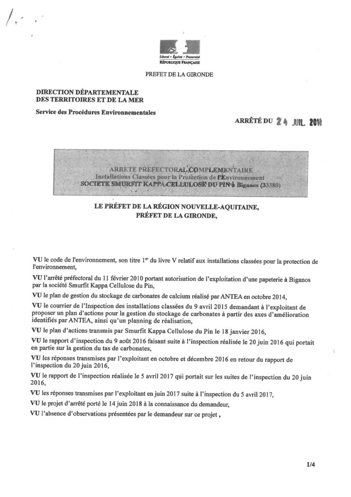 thumbnail of Arrêté Préfectoral SMURFIT KAPPA