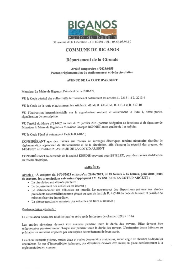 thumbnail of ARRETE 2023-0155 – AVENUE DE LA COTE D ARGENT