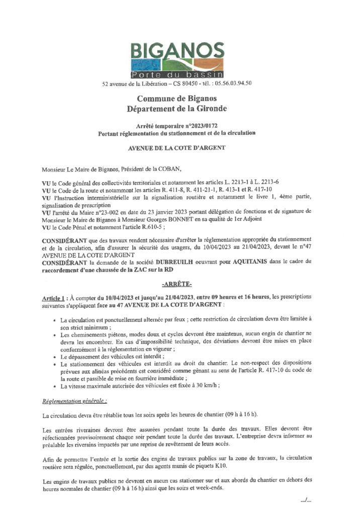 thumbnail of ARRETE 2023-0172 – AVENUE DE LA COTE D ARGENT