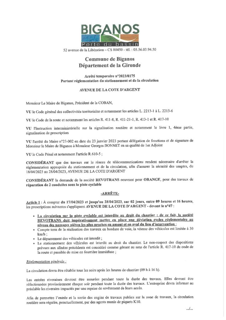 thumbnail of ARRETE 2023-0175 – AVENUE DE LA COTE D ARGENT