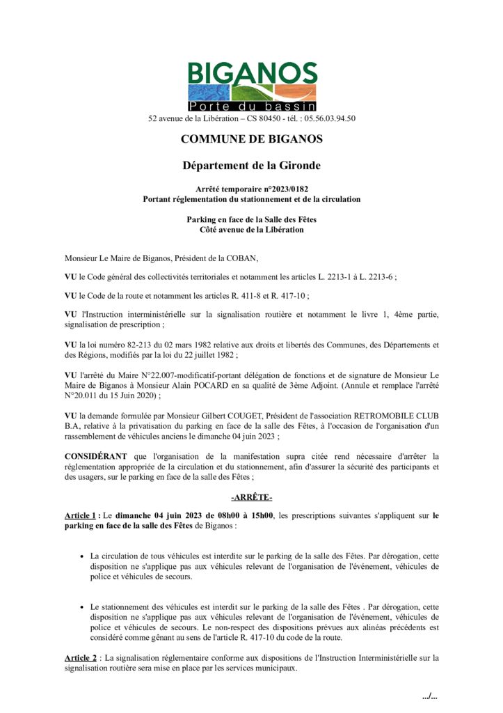 thumbnail of ARRÊTÉ 2023-0182 – RÈGLEMENTANT LE STATIONNEMENT ET LA CIRCULATION SUR LE PARKING DE LA SALLE DES FÊTES – LE 04 JUIN 2023
