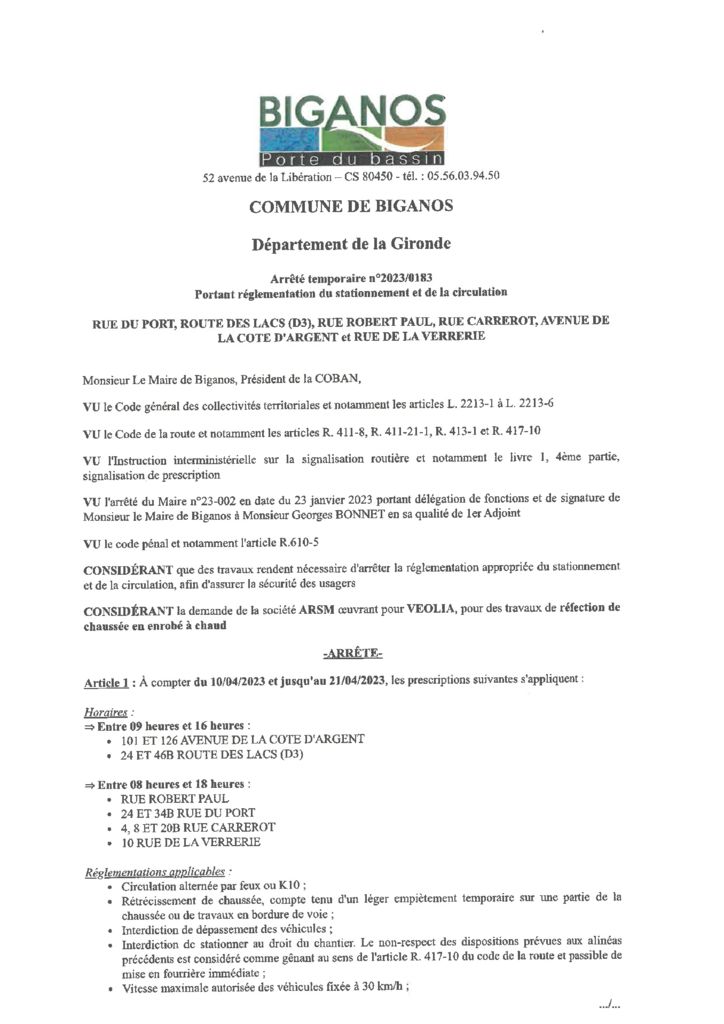 thumbnail of ARRETE 2023-0183 – RUE DU PORT ROUTE DES LACS RUE ROBERT PAUL RUE CARREROT AVENUE DE LA COTE D ARGENT RUE DE LA VERRERIE