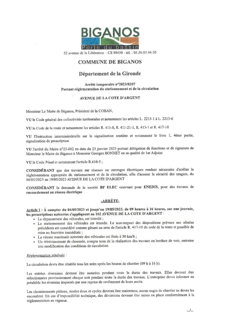 thumbnail of ARRETE 2023-0207 – AVENUE DE LA COTE D ARGENT