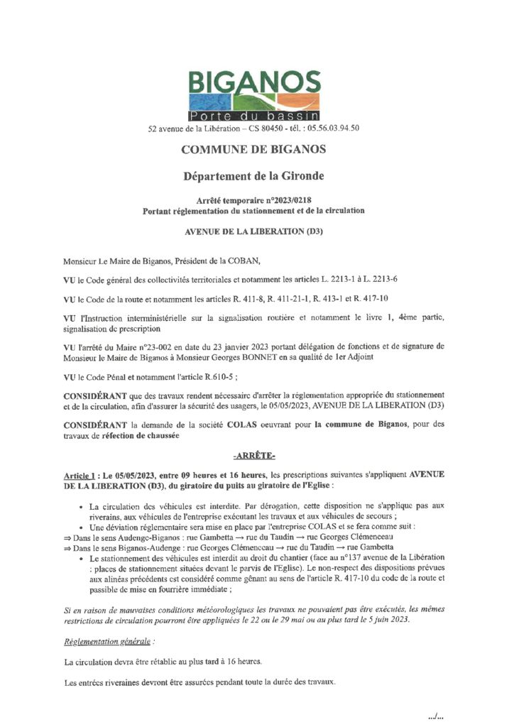 thumbnail of ARRETE 2023-0218 – AVENUE DE LA LIBERATION